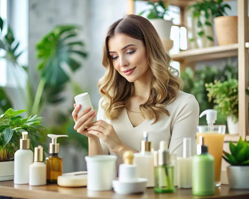 Woman reviewing skincare cosmetic product surrounded by beauty bottles