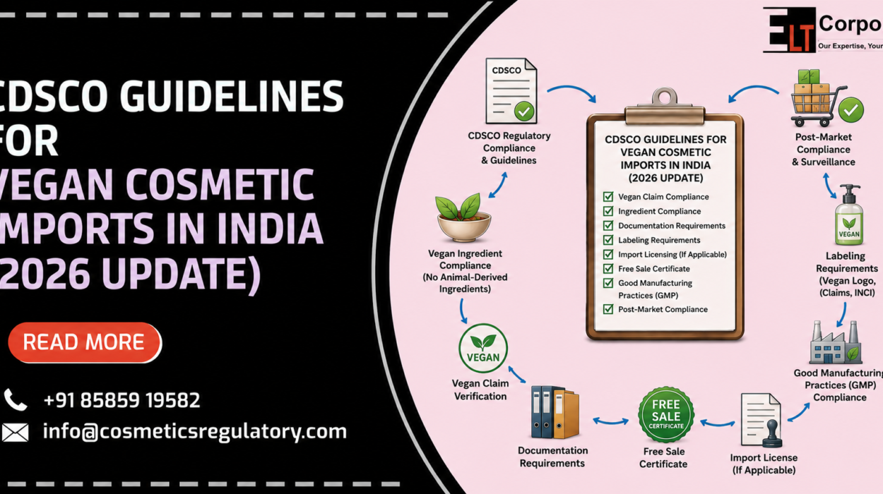 CDSCO guidelines for vegan cosmetic imports in India 2026 blog concept image showing regulatory compliance information.